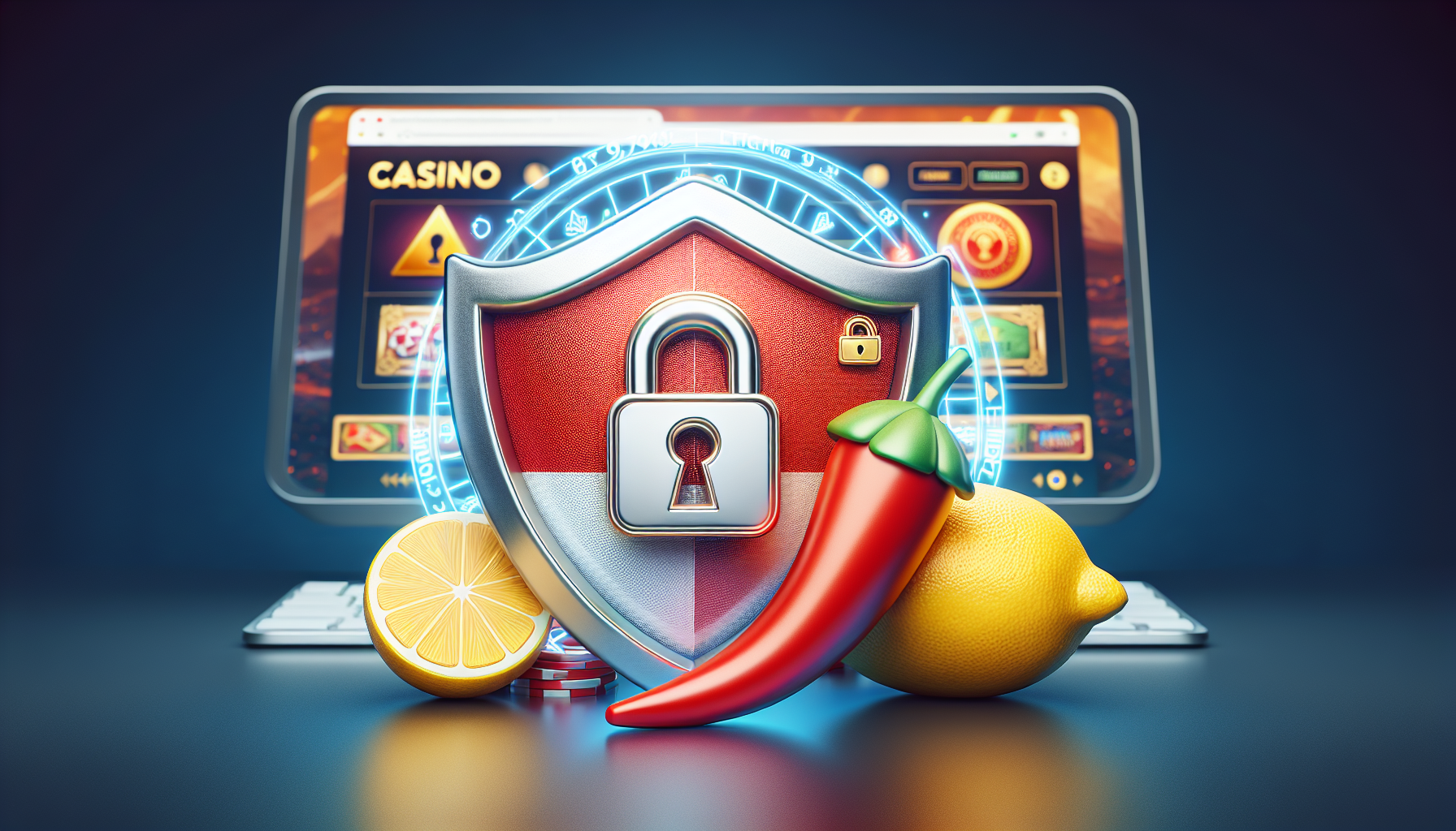 Escudo digital con símbolos legales y elementos peruanos, seguridad en Doradobet