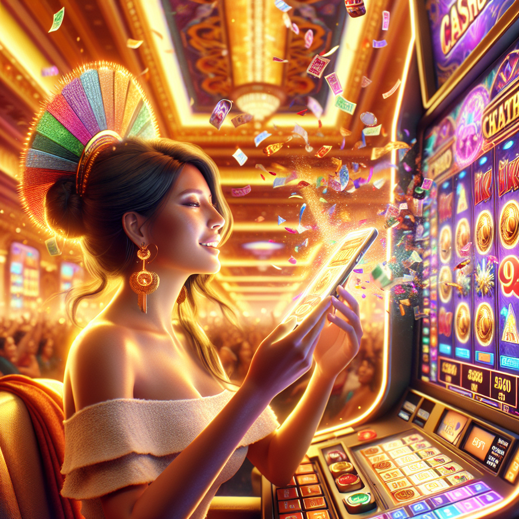 Usuaria peruana celebrando cashback Doradobet en móvil, fondo virtual de casino festivo