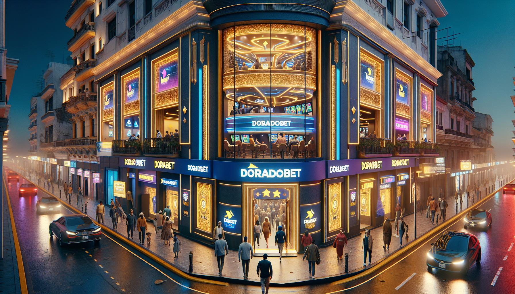 Casa de apuestas DoradoBet en Lima con clientes entrando por la noche