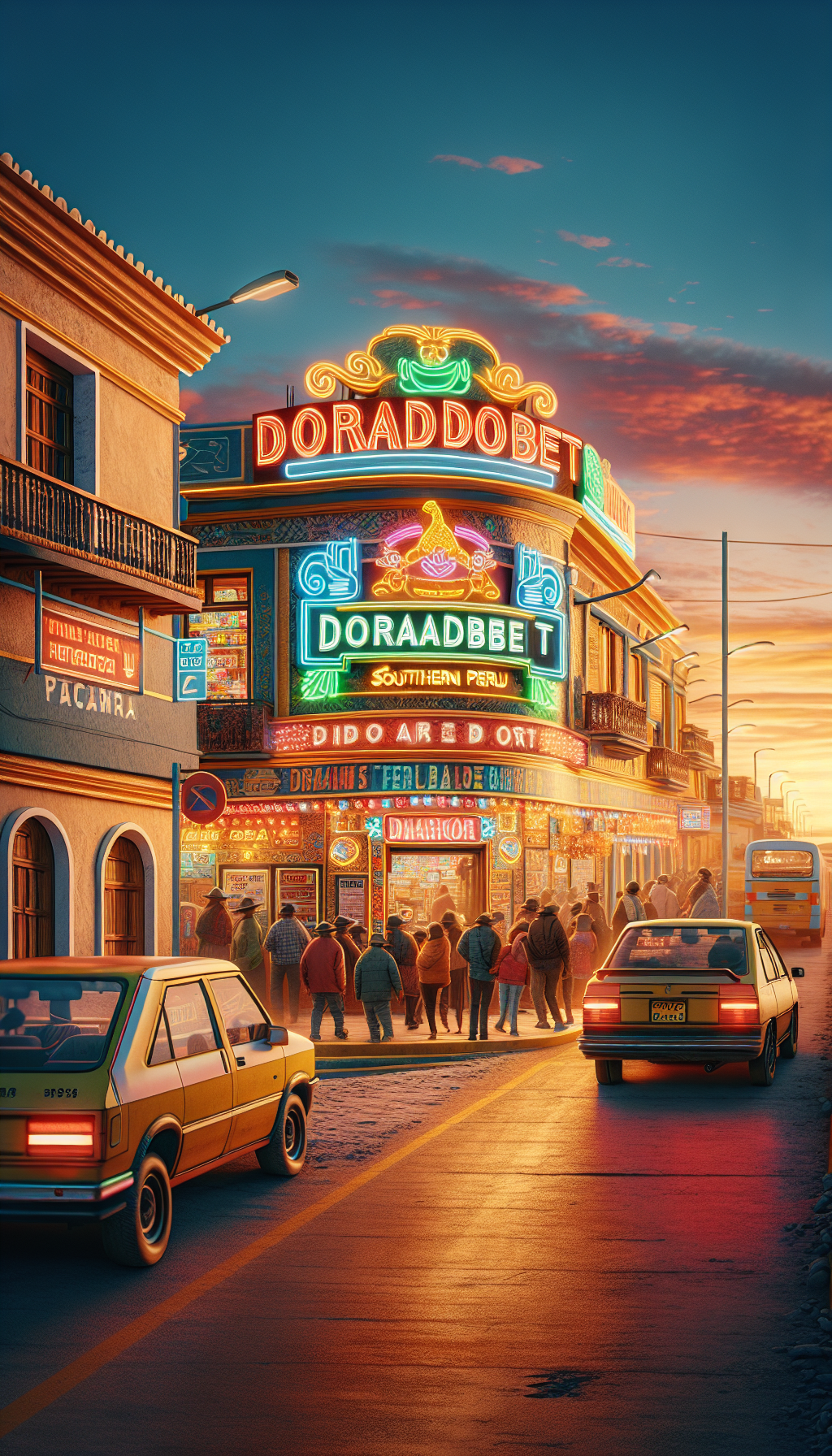 Sucursal Doradobet Tacna con clientes ingresando y carteles llamativos.